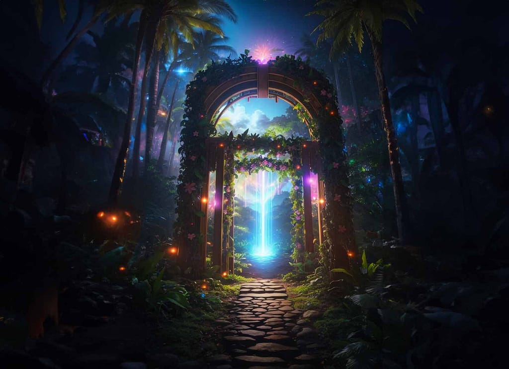 Digital painting of a magical portal in a Hawaiian forest.