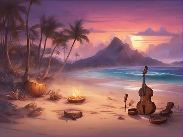 Instruments on an Hawaiian beach. Digital Art.